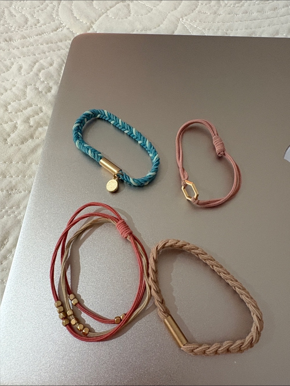 Women's Set of Braided and Cord Bracelets in Teal, Pink, Red and Tan